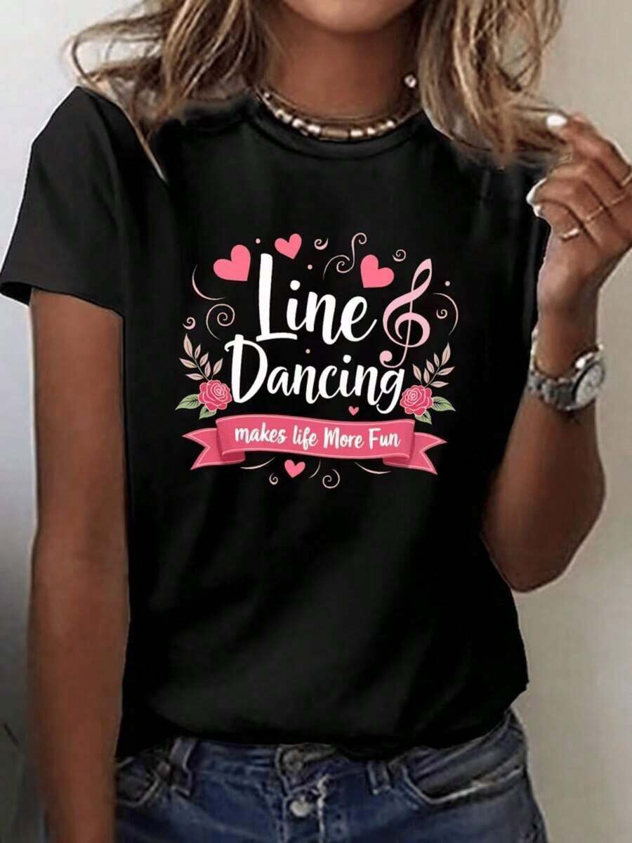 Women's Green T-Shirt With "Dancing Makes Life More Fun" Print | Casual Short-Sleeved T-Shirt With Round Neck, Heart And Music Symbol Design, Ideal For Spring/Summer, Comfortable Fit. Women's Blouses > Clothing - 黑色 - 查看 1
