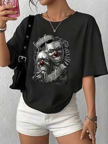 100% Cotton. Theatrical Masks Symbolizing The Duality Between Smiling At Life And Crying In Private, Reflecting Deep Human Emotions. Women's 100% Cotton Simple Solid Color T-Shirt, Loose And Slim Fit Casual Short Sleeve - 黑色 - 查看 12