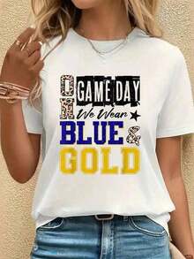 100% Cotton, 1 Piece: On Game Day, We Wear Blue And Gold Team Logo T-Shirts, Casual Short-Sleeved Crew Neck T-Shirts For Summer, White 210g 100% Cotton T-Shirts, The Designs Are Fully Printed. Unisex. Women's Simple Solid Color T-Shirt, Loose Fit, Casual Short Sleeve. - 白色的 - 查看 8