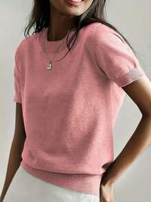 Camiseta de punto de manga corta de unicolor y peso ligero para mujer, top minimalista de verano - durazno - Ver 6