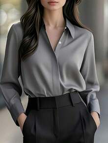 Camisa de manga larga de unicolor elegante para mujer - Blusa de cuello clásico no transparente, tela premium para primavera, verano, otoño, versátil para uso casual y profesional, lavable a máquina/limpieza en seco, diseño estilizado, textura refinada Blanco - Gris - Ver 1