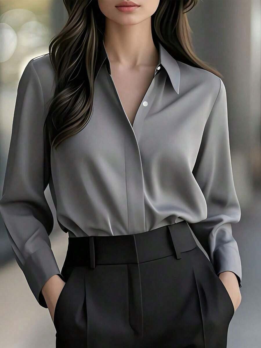 Camisa de manga larga de unicolor elegante para mujer - Blusa de cuello clásico no transparente, tela premium para primavera, verano, otoño, versátil para uso casual y profesional, lavable a máquina/limpieza en seco, diseño estilizado, textura refinada Blanco - Gris - Ver 1