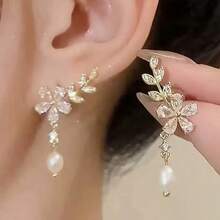 1 Đôi bông tai nữ thời trang sang trọng hình lá và hoa độc đáo đính ngọc trai và đá pha lê. - Vàng - Xem 2
