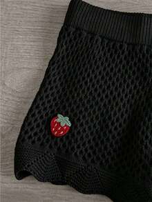 Pantalones cortos de verano de mujer con diseño de cerezas tejidas, con cortes, de moda, lindos y sexys - Negro - Ver 5