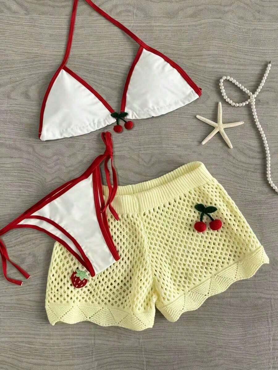 Pantalones cortos de verano de mujer con diseño de cerezas tejidas, con cortes, de moda, lindos y sexys - Amarillo claro - Ver 1