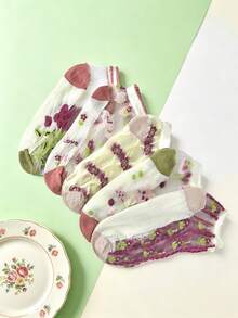 5 Pairs Purple Floral Glass Silk Sheer Socks, Cool And Refreshing - Multicolor - View 2