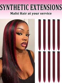 10 PCS Burgundy Hair Extensions Clip In, 22 Inch Colored Hair Extensions Party Highlights Long Straight Synthetic Hairpieces For Women Cosplay - Burgundy - View 1