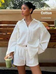 Conjunto de camisa tejida blanca y pantalones cortos de verano, nuevo y casual para vacaciones de mujer - Blanco - Ver 7