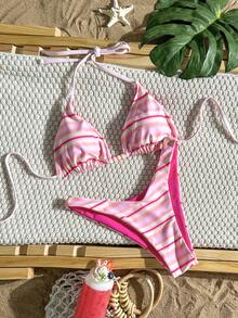 Women's Cute Tie-Neck Striped Bikini Set, Medium Stretch Beach Swimwear Vacation Summer - Multicolor - View 4