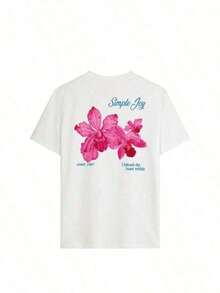 This Short-Sleeve Crew Neck T-Shirt With A Colorful Letter And Floral Print Is A Fashionable And Versatile Choice For Women In Summer. The Graphic Tee Comes In White And Pink, Perfect For Vacation Wear. 100% Cotton - 白色 4 - 查看 3