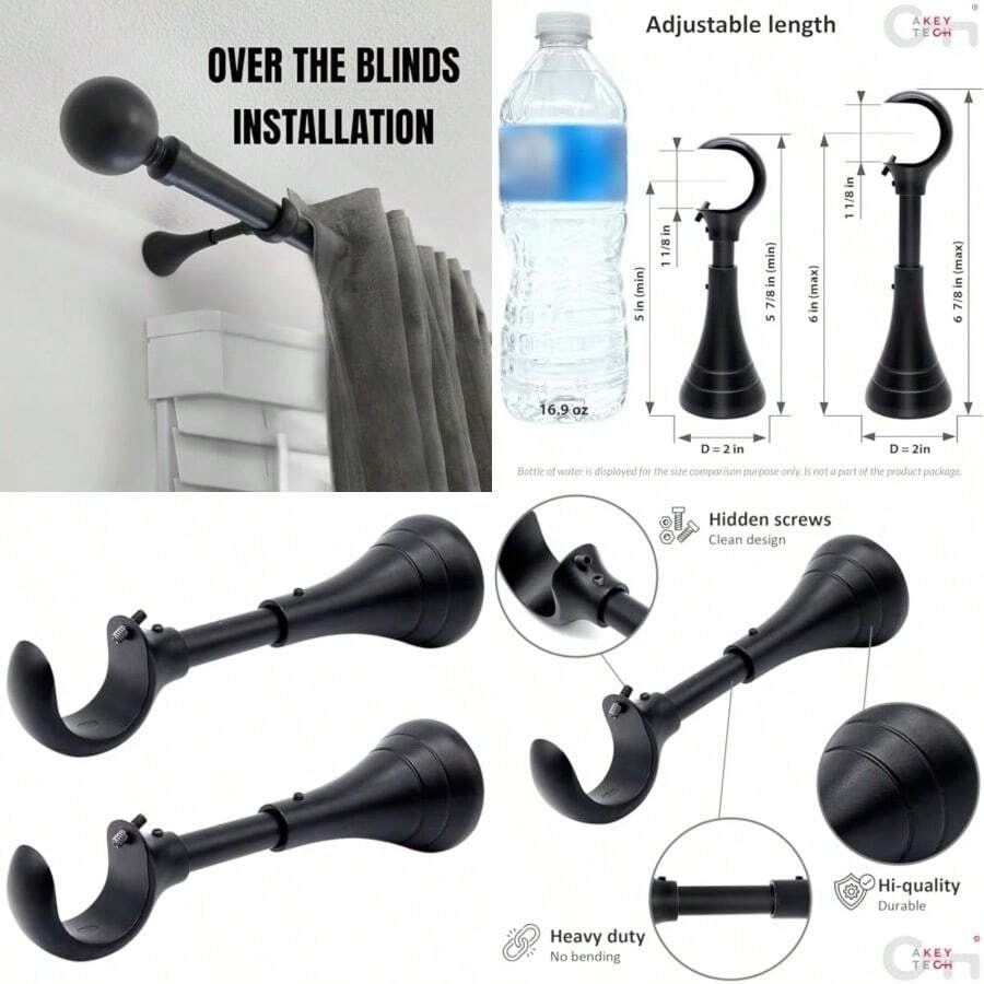 6 in Curtain Rod Brackets Heavy Duty Large Curtain Rod Bracket Extra Long Curtain Holder for 3/4 to 1 inch Rods 4 pcs Brackets for Curtain Rods Wall Mount Set of Four Black - Negro Juego de 2 - Ver 1