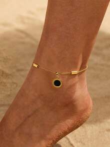 1pc Dainty Women's Stainless Steel Gold Tone Black Round Charm Anklet Adjustable Thin Foot Jewelry For Beach Party Gift - Anklet - View 1