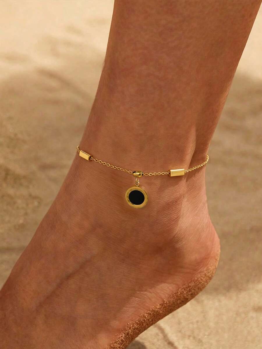 1pc Dainty Women's Stainless Steel Gold Tone Black Round Charm Anklet Adjustable Thin Foot Jewelry For Beach Party Gift - Anklet - View 1
