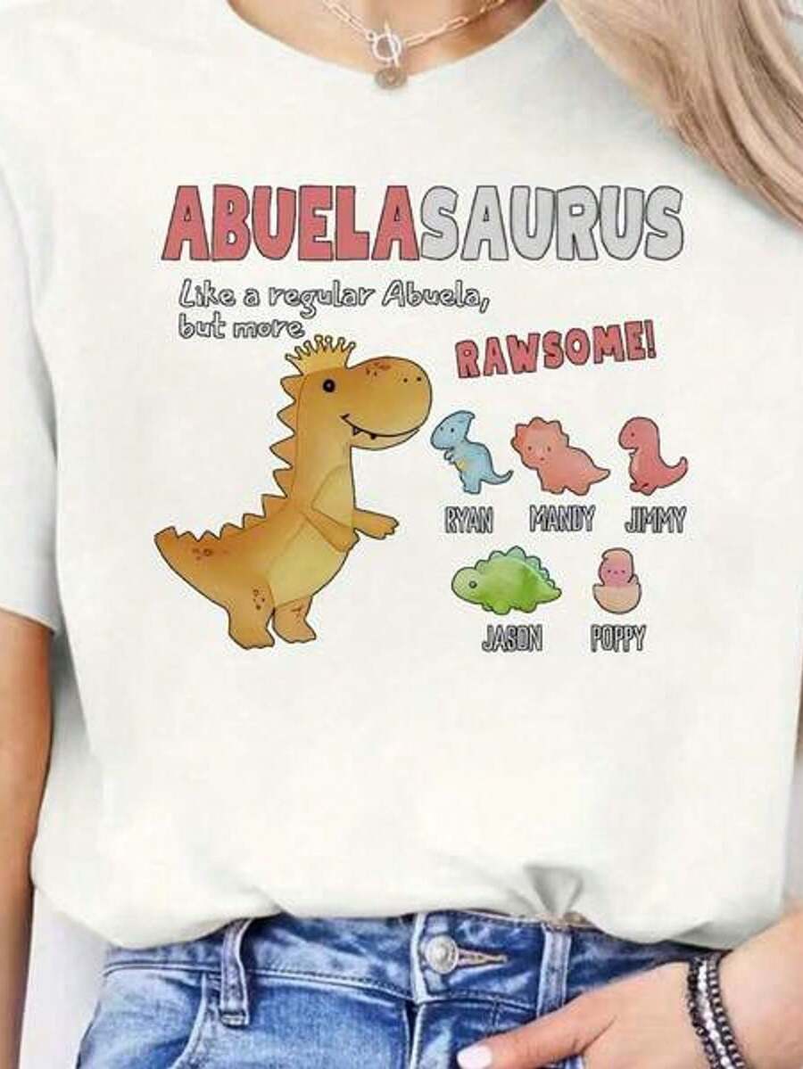 Camiseta de manga corta con cuello redondo y estampado para mujer Nombres de la Familia de Dinosaurios Abuelasaurus S-3XL moda, cómodo y transpirable unio lavable a máquina
