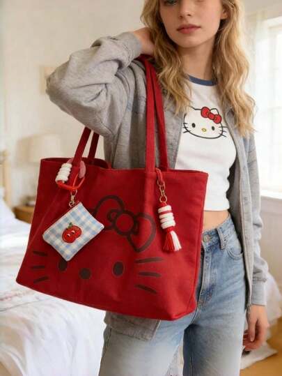  Sanrio Hello Kitty Canvas Tote Bag, 1-Piece Set, Large Capacity Shoulder Bag, Perfect For Shopping And Everyday Use, Exquisite Gift For Girl's Birthdays, Graduation Gifts, And Holiday Party Favors.