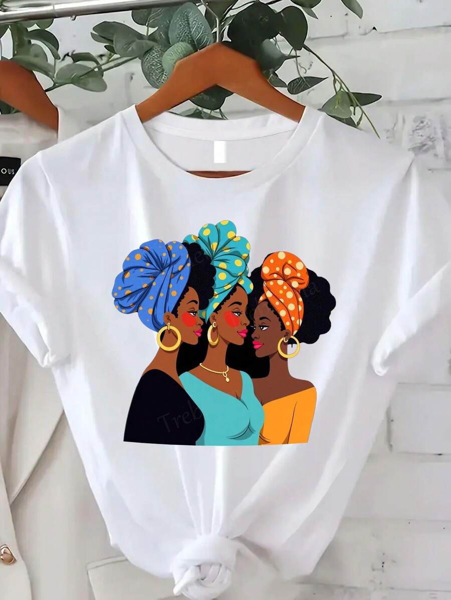 Trebalena Women's Oversized African T-Shirt - Round Neck Top With Turban Graphic, 100% Suitable For Casual Wear And African Culture Clothing, Machine Washable - Trebalena Style Blouse/Tunic For Everyday Outfits - 白色 - 查看 1