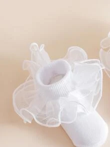 1双女童白色蕾丝边舞蹈袜，优雅公主风短袜，适合派对穿着 - 白色 - 查看 6