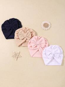 4pcs/Set Baby Ribbed Floral Knit Hat, Daily Warmth, Sun Protection, Windproof, Newborn Anti-Scratch Hat, Bowknot Decor Design, Suitable For Baby Girls Cute Headband Hat. Fabric Is Comfortable, Soft And Breathable, - Multicolor - View 8