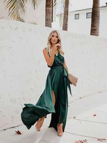 Women's Elegant Bohemian Maxi Dress, Plain V-Neck Sleeveless High Slit Full Skirt With Panel - 綠色 - 查看 6