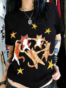 Mexican Basic Summer T-Shirt, Y2K Style, New Hip-Hop With Dancing Cat And Star Print, Unisex Retro T-Shirt, Cool, Versatile, Comfortable And Loose Fit, Short Sleeve Summer T-Shirt 2P7U-Vintage Street Style Unisex Loose Cotton Short Sleeve Crew Neck T-Shirt New Launch - 黑色 - 查看 5