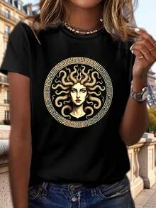 The Symbolic Meaning Of The Edusa Myth: Women's T-Shirt With A Round Neck And  Casual Print. Elegant Party Outfit, T-Shirt For Elegant Ladies, Blouses Suitable For Curvy Women, Prom Skirts, Casual Wear. Adorable Animal Print, Fun Letter Print, Combinable With Street Fashion. - 黑色 - 查看 2