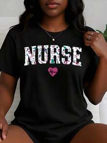 Women's Casual T-Shirt With A Floral And Heartbeat Design, Ideal For Everyday Wear And Work. A Seasonal Gift For Nurses And Healthcare Professionals, Celebrating International Nurses Day In May. A Perfect Gift For Nurses, Women's Clothing To Pay Tribute To The Most Beautiful Angels. Women's T-Shirts - 黑色 - 查看 1