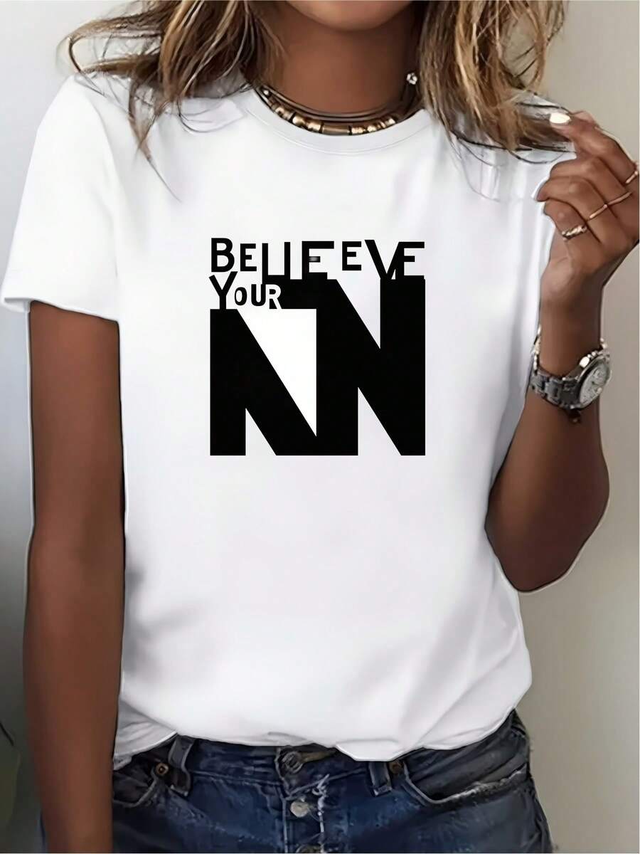 Camiseta Estampada Suave y Cómoda para Mujer "Believe in Your Heart", Camiseta Casual de Verano, Ideal para Hogar, Oficina, Fiesta, Regalo, Camiseta de Alta Calidad de 180G - Blanco - Ver 1