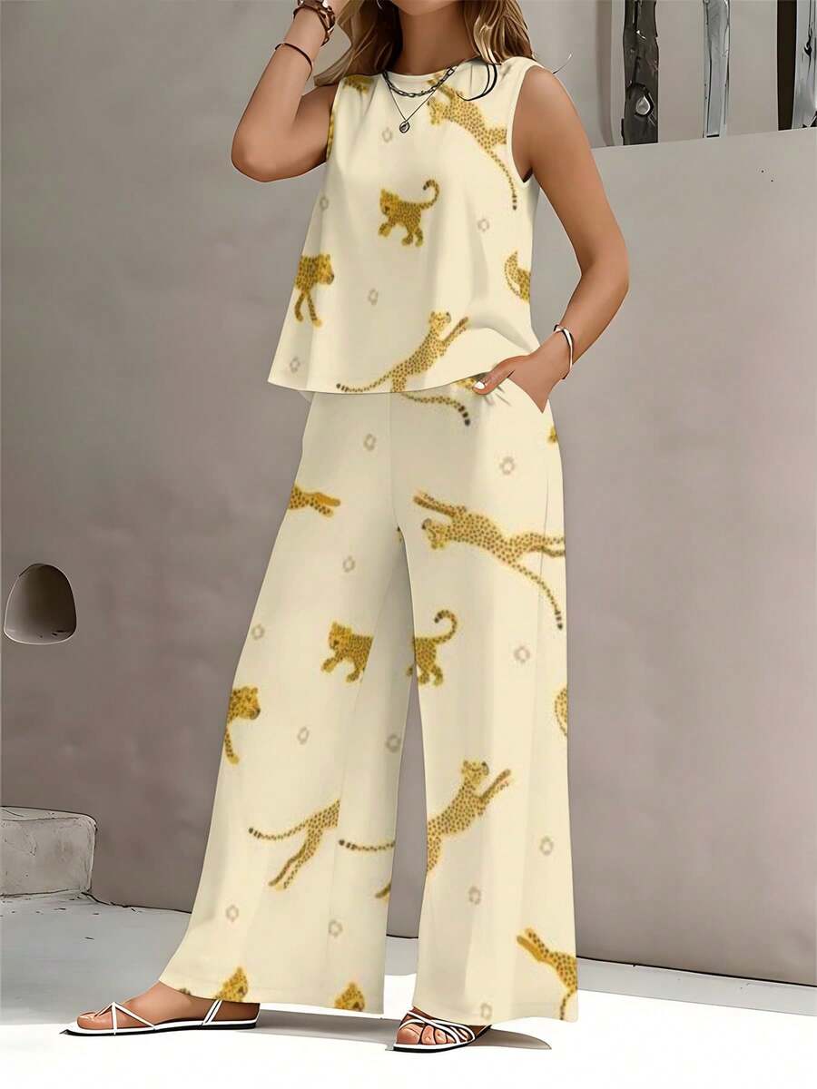2026 Summer New Styles Cheetahs In Various Poses On Cream Background Plus Size Women's Tank Top Straight Leg Pants Set Summer Stylish, Elegant Commuter Casual And Comfortable 2pcs - 白色 - 查看 1