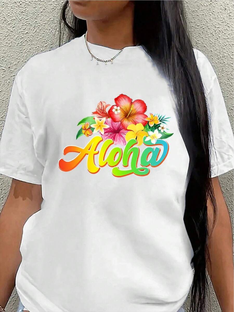 Camiseta de manga corta de poliéster, adornada con coloridos estampados florales hawaianos, ligera y duradera, adecuada para vacaciones en la playa o uso casual diario, perfecta para salidas de verano y eventos de temática tropical.blusa casual mujer - Blanco - Ver 1