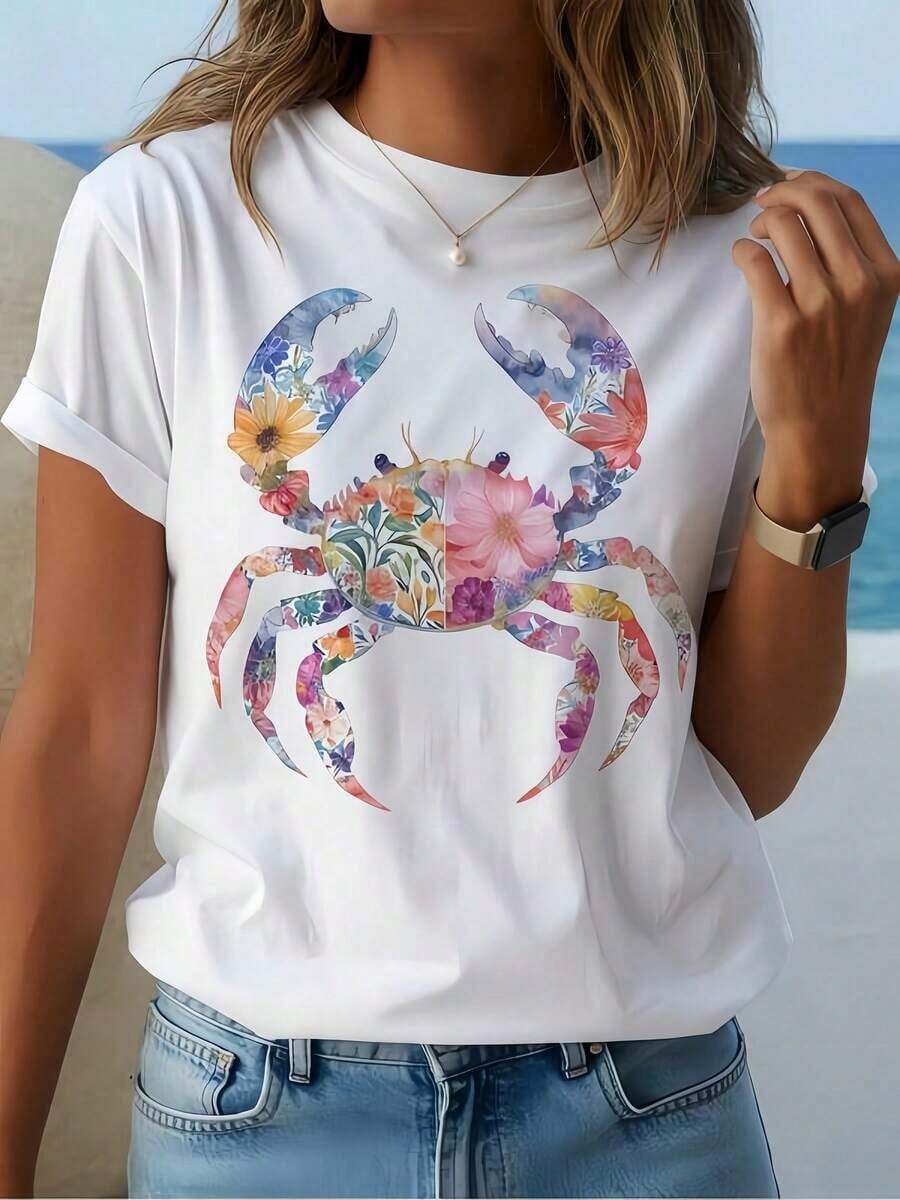 1 Piece Of White T-Shirt For Women With Crab Floral Print, Round Neck, Casual Cotton T-Shirt, Medium Elasticity Knit Fabric, Regular Fit For Ladies, Ideal For Spring/Summer/Autumn. - 白色 - 查看 1