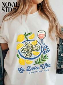1 Piece Of Women's Casual Cotton T-Shirt, Short Sleeve, Round Neck, Regular Hem And "La Dolce Vita" Print, A Modern Top For Everyday Wear. 180g 100% Cotton. - 白色 - 查看 2
