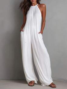White Wide-Leg Jumpsuit With Pleats And Open Back, Perfect For A Holiday Look. - 白色 - 查看 1