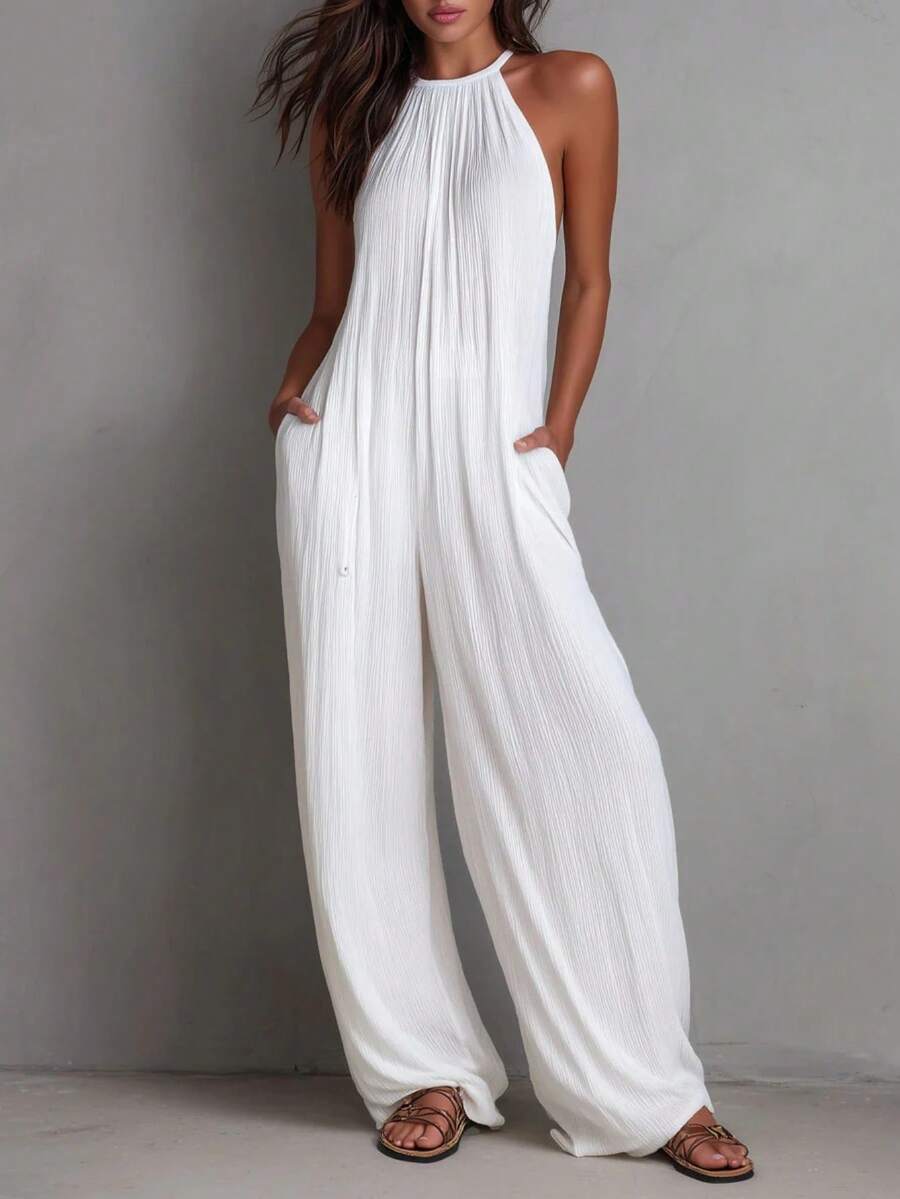 White Wide-Leg Jumpsuit With Pleats And Open Back, Perfect For A Holiday Look. - 白色 - 查看 1