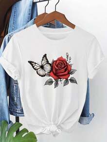 1 Piece Of Plus Size Women's Artistic T-Shirt With Butterfly And Red Rose Print, Artistic And Cool Style, Suitable For Daily Wear, Dates, Bookstore Visits And Outings, Short Sleeve, 180g 100% Cotton. - 白色 - 查看 1