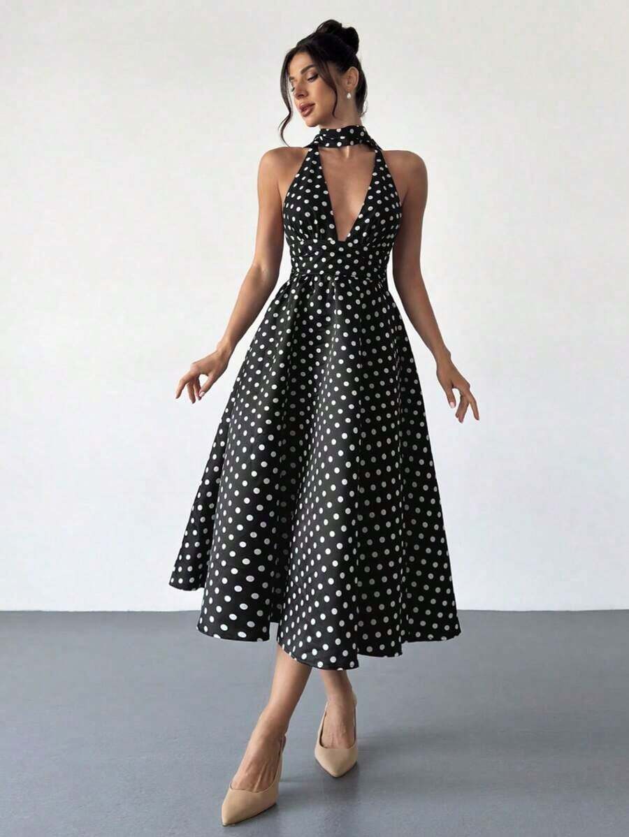 High-Waisted Midi Dress With A V-Neck And Open Back, In A Vintage French Polka Dot Style, Suitable For Valentine's Day, Concerts, Performances, Dates, Banquets, Weddings, Sexy, Elegant, Back To School, Vacation, Beach, Romantic - 灰色 - 查看 1