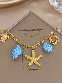 Charm Blue Shell & Starfish Pendant Necklace, Stainless Steel Gold Chain, Suitable For Party, Travel, Holiday, Mother's Day, Valentine's Day, Christmas Gift - Multicolor - View 9