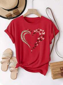 New Fashion Women's Crew Neck-Shirt Playera camiseta basica estampada grafica dama mujer manga corta cuello redondo estampado corazon corazones mariposa mariposas animal print leopardo guepa - Rojo - Ver 10