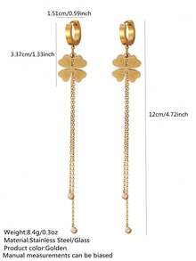 VceTd 1 Pair Elegant Style Stainless Steel Clover Tassel Earrings With Glass Decor, Suitable For Women To Wear At Banquets - Yellow Gold - View 2