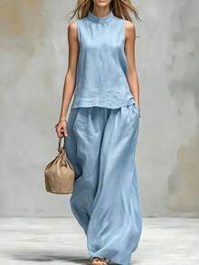 Women's Two-Piece Set, European And American Style 2026, With High Neck, Sleeveless, Cotton And Linen, Solid Color. - Light Blue - View 1