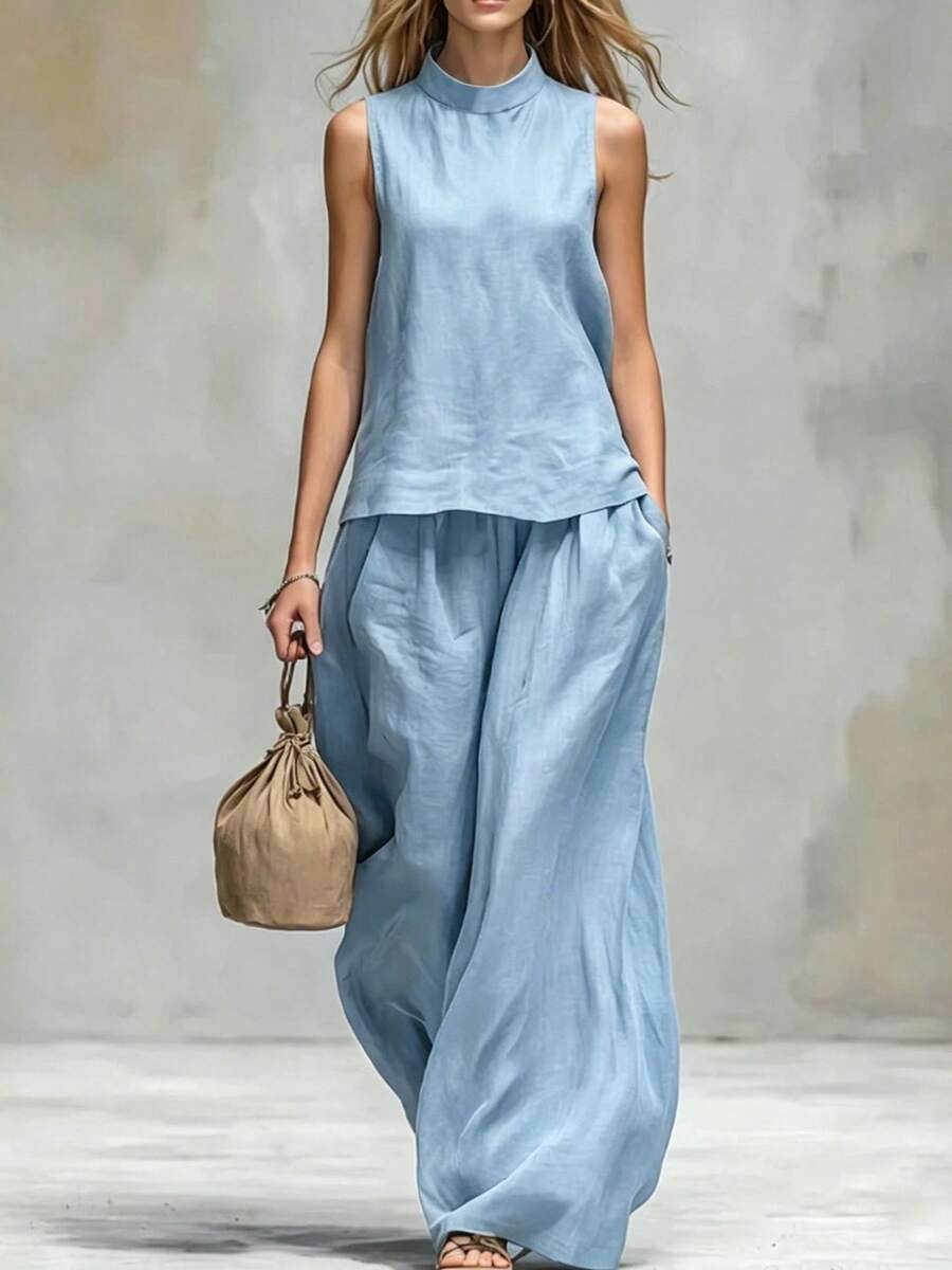 Women's Two-Piece Set, European And American Style 2026, With High Neck, Sleeveless, Cotton And Linen, Solid Color. - Light Blue - View 1