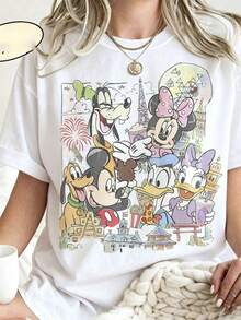 Authorized By Disney, American Retro Disney World Tour Pure Cotton Print Style T-Shirt-Creative Cartoon Print, Breathable Light Fabric, Regular Round Neck Summer Street Casual Shirt, Disney Shirt, Couple Shirt, Unisex, Holiday Gift. - 白色 - 查看 1
