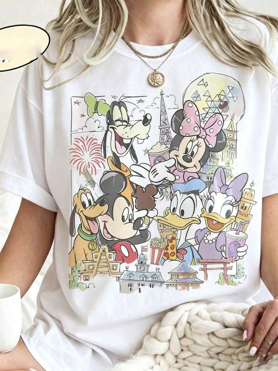 Authorized By Disney, American Retro Disney World Tour Pure Cotton Print Style T-Shirt-Creative Cartoon Print, Breathable Light Fabric, Regular Round Neck Summer Street Casual Shirt, Disney Shirt, Couple Shirt, Unisex, Holiday Gift. - 白色 - 查看 1