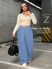 Jeans rectos casuales elásticos de talla grande para mujeres - Lavado ligero 2 - Ver 4
