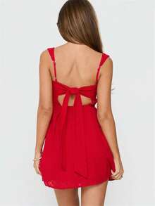Women's Flower Embroidery Boho Mini Dress Backless Self-Tie Bowknot Square Neck Wide Straps Ruffle Mini Dresses Sleeveless Summer Vacation Short A-Line Dress - 紅色 - 查看 6