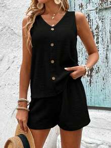 LUNE Conjunto De Camiseta Sin Mangas Y Pantalones Cortos De Color Sólido Para Mujer Con Cuello En V - Negro - Ver 5
