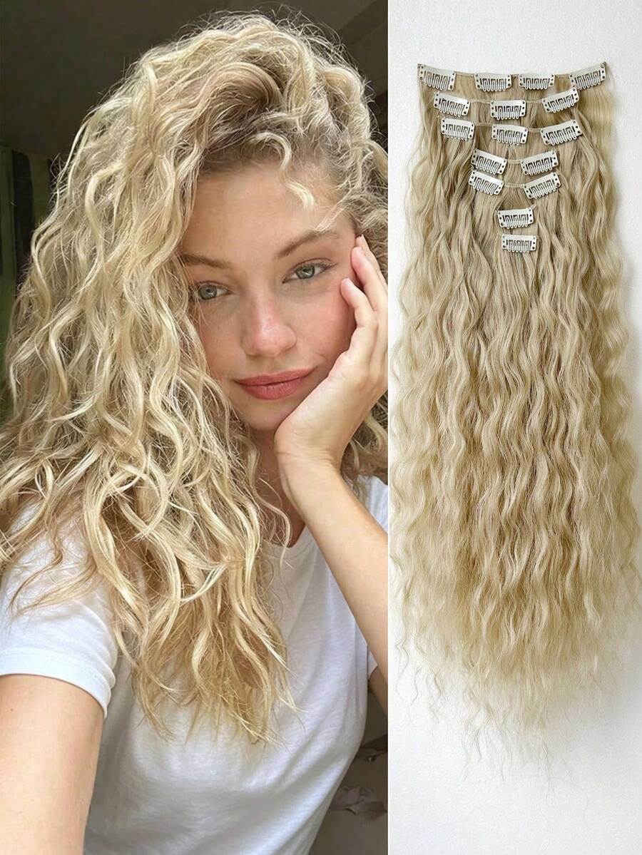 Extensiones de cabello de 24 pulgadas con 7 piezas, fibra sintética resistente al calor de ondas largas doradas, adecuadas para mujeres, niñas, fiestas y uso diario