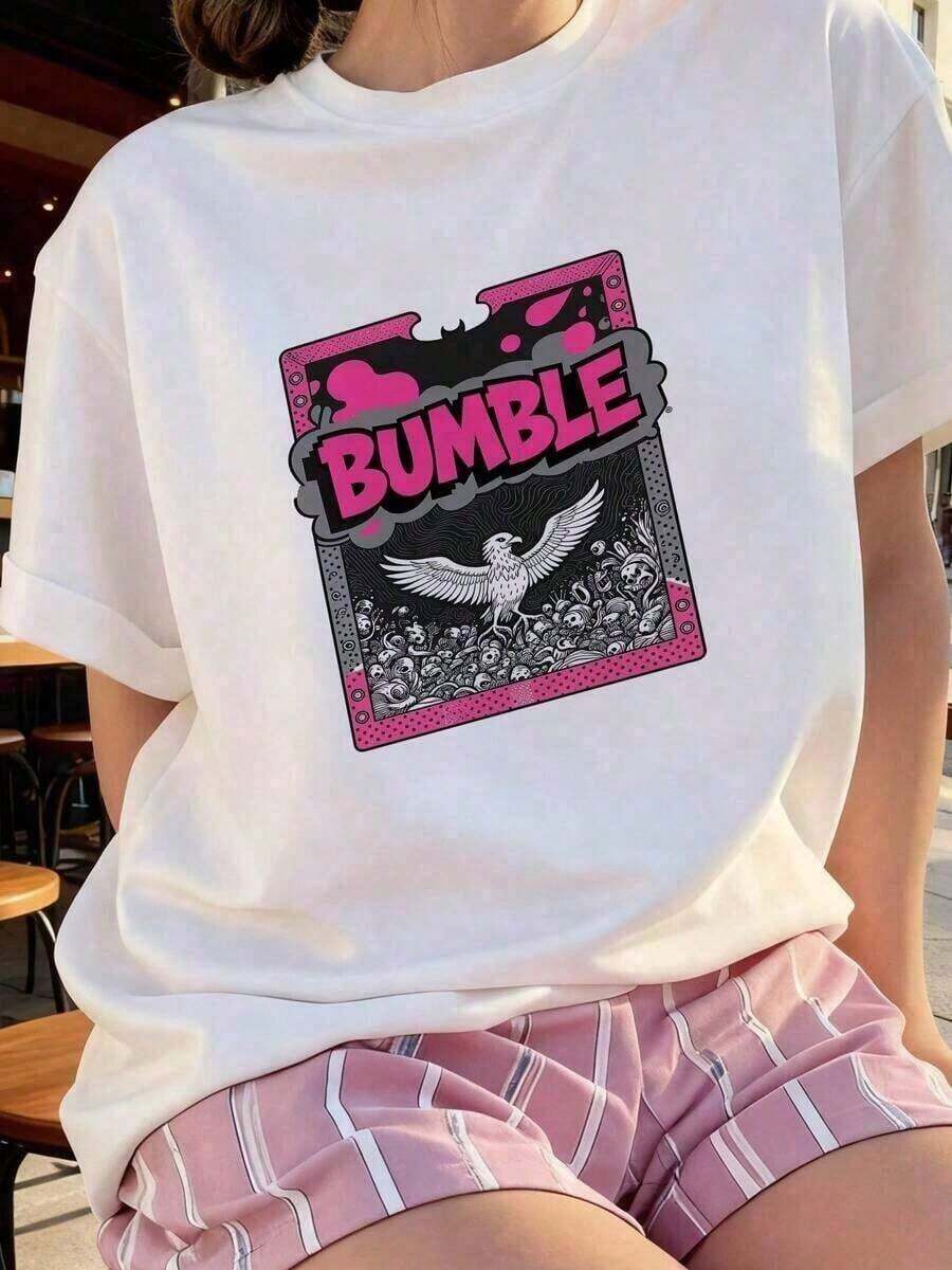 Ropa de Verano para Mujer: Blusa Elegante de Manga Corta con Estampado de Graffiti 'BUNGLE' y Patrones Abstractos Vibrantes en Rosa y Negro, Tela Cómoda y Suave, Diseño Divertido, Perfecta como Regalo para Ella. Ropa de Verano para Mujer: Blusa Elegante de Manga Corta, Holgada, Cómoda y Transpirable para Uso Diario. Transpirable y cómoda. - Blanco 3 - Ver 1