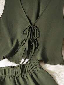 Set de 2 piezas de conjunto informal de mujer de unicolor con nudo, elegante para primavera/verano - Verde Oliva - Ver 3