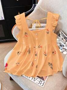 Blusa de gasa estampada con mangas cortas para mujer talla grande, camiseta casual de apertura frontal para vacaciones, versátil para primavera y verano - Multicolor - Ver 1