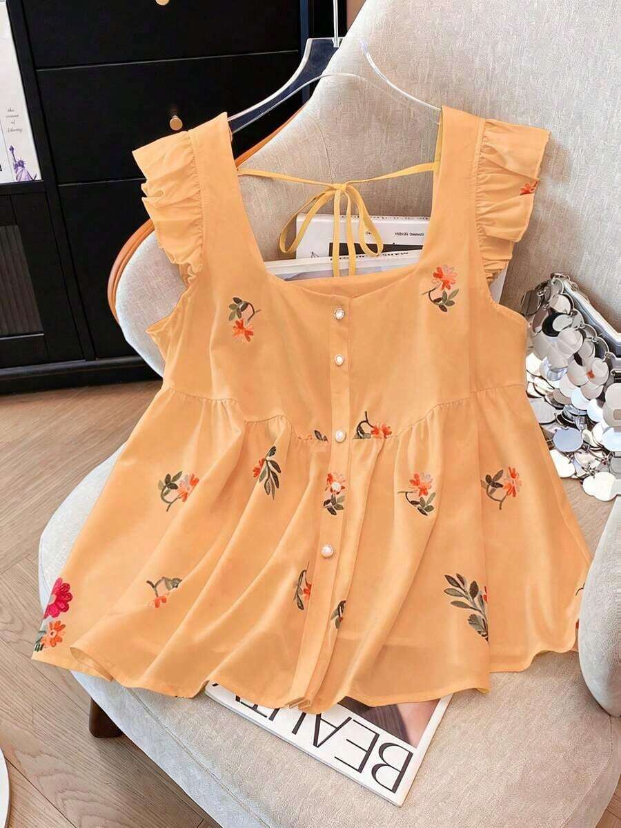 Blusa de gasa estampada con mangas cortas para mujer talla grande, camiseta casual de apertura frontal para vacaciones, versátil para primavera y verano - Multicolor - Ver 1